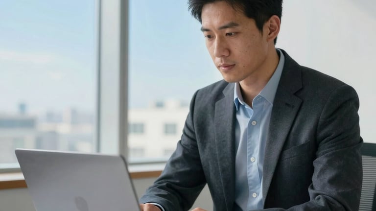 A professional entrepreneur in a bright studio using a high-end laptop, sky blue light coming from a window, clean composition, North American setting.