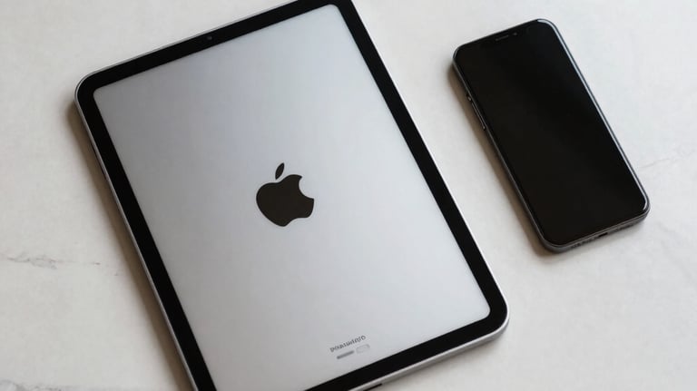 Top-down view of a modern silver tablet and smartphone on an off-white marble desk, clean and tech-focused aesthetic.