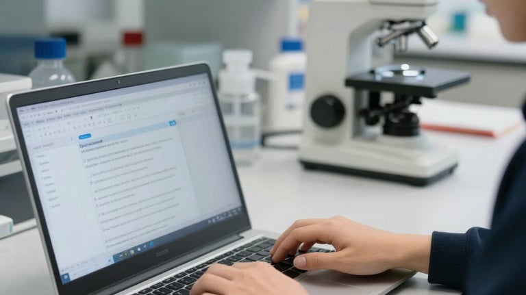 Close-up of hands typing on a laptop drafting lab policies