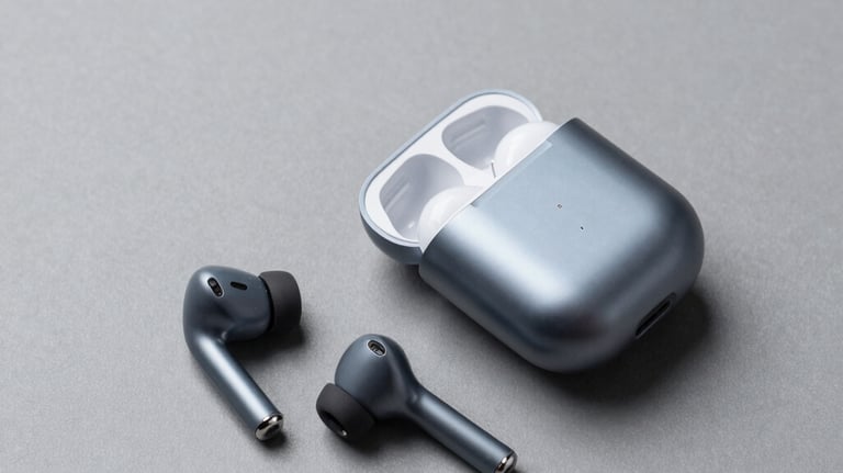 A high-end flat lay of premium wireless earphones and their compact charging case, clean minimalist layout on a neutral gray studio background, global context.