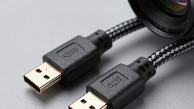 An elegant studio close-up of high-speed USB-C woven cables neatly coiled, showing pristine metallic connector pins, resting on a clean gray surface under crisp commercial lighting.