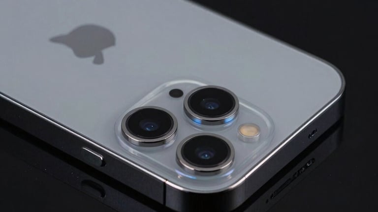 Premium professional close-up of a pristine, flawless space gray iPhone on a highly reflective black surface, glowing subtle blue highlight, razor-sharp focus on the triple camera setup.