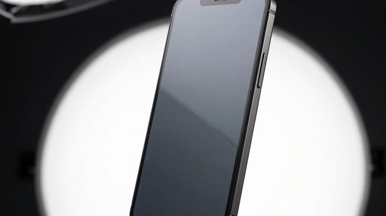 Professional studio product shot of a sleek smartphone showing minor, faint micro-scratches on its metallic frame, reflecting clean white softbox lighting on a dark background, global context.