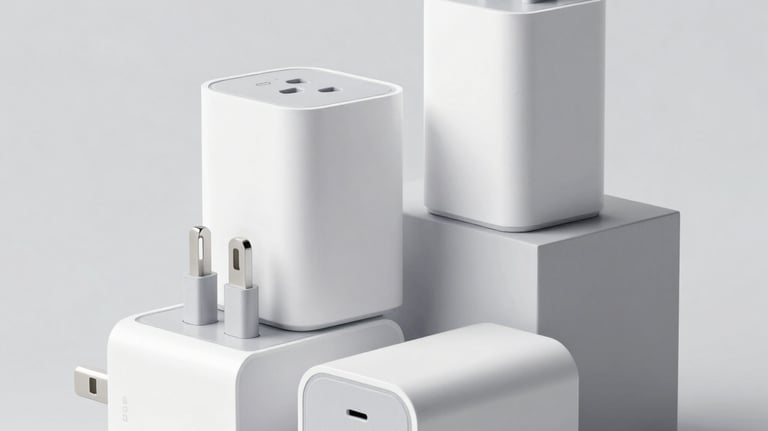 Commercial still life of high-end white fast-charging wall adapters stacked in a clean, geometric pattern on a light gray background, highlighting modern design, global context.