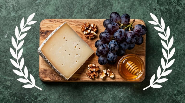 A top-down Scandinavian style food photograph of a rustic cheese board with dark grapes, nuts, and honey. The background is a Matte Forest Green textured surface.