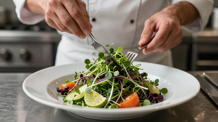 A chef in a clean, modern kitchen plating a colorful salad with local microgreens. The composition is focused on the movement and the freshness of the ingredients.