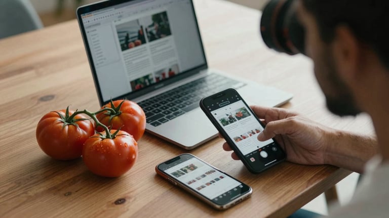 Behind-the-scenes photography of a content planning session. A wooden table with organic tomatoes, a laptop, and a smartphone showing a grid layout. Soft natural light, professional vibe.