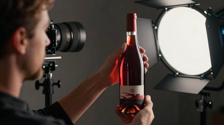 A photographer in a professional studio setting adjusting a light to capture a bottle of artisanal wine. Deep Carmine Red wine reflects the light beautifully.