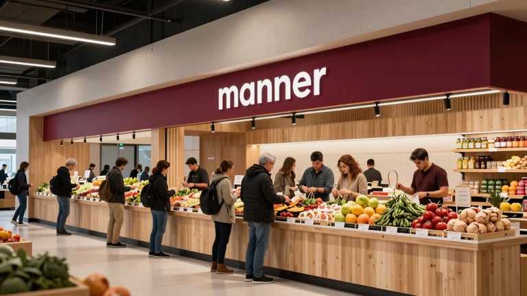 A professional shot of a modern food market interior with light wood and clean lines. Customers are interacting with local farmers. Accents of Deep Carmine Red in the market signage.