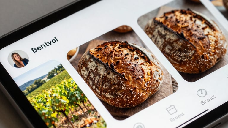 A close-up photograph of a vibrant social media feed displayed on a modern smartphone. The feed shows high-quality photos of rustic sourdough bread and Matte Forest Green vineyards. The lighting is warm and inviting.