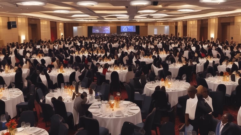 A vibrant outdoor event setup in Ivory Coast with colorful decorations and happy guests