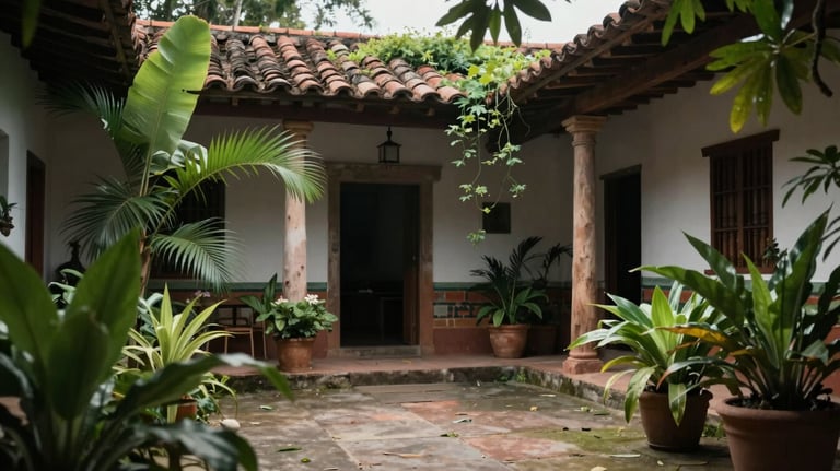 A peaceful scene of a Latin American courtyard with lush green plants and soft natural light, conveying a sense of emotional refuge and professional tranquility.