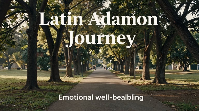 An artistic and clean photography of a path leading through a park with tall trees, soft morning light, Latin American region, representing the journey towards emotional well-being.