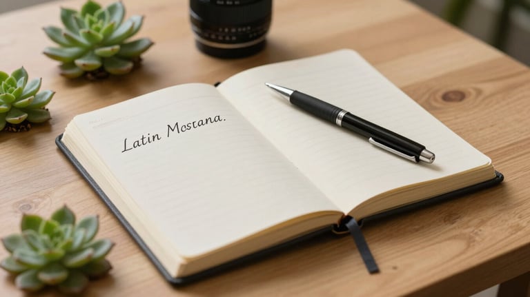 A close-up photography of a journal and a pen on a light wooden table, surrounded by small green succulents, representing the process of introspection in a Latin American setting.