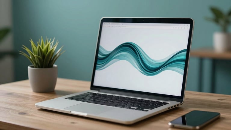 A photography of a peaceful workspace with a laptop showing a wave pattern, a small plant, and soft teal light, suggesting modern digital therapy in a Latin American context.