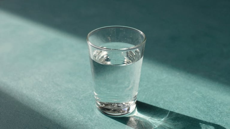 A high-quality still life photography representing mental clarity, featuring a clear glass of water on a teal surface with soft shadows and morning light, Latin American setting.