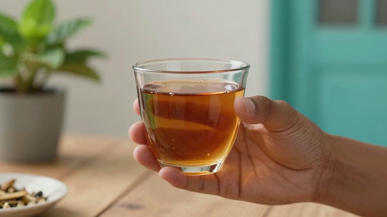 A professional photography of a hand holding a warm cup of tea in a Latin American home, with soft focus on the background showing mint and teal accents, symbolizing self-care.