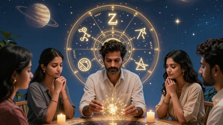 People gathering around a glowing zodiac astrology chart for a spiritual reading under a starry night sky.