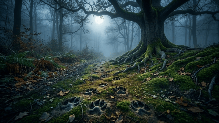 Mysterious wolf paw prints on a mossy forest path leading toward a large oak tree in foggy moonlight.