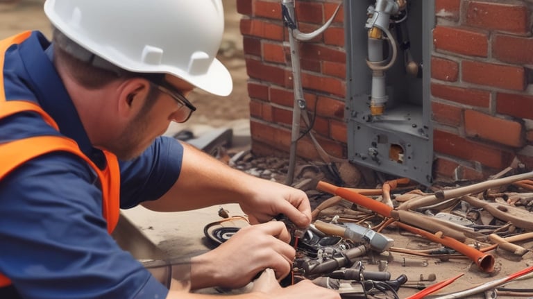 A tall red residential building with several air conditioning units fixed to its exterior, and a few individuals visibly performing maintenance work or cleaning on the windows. A curved road runs parallel to the building, with a couple of cars driving by. In the distance, other high-rise buildings are visible, along with trees providing some greenery to the urban landscape.