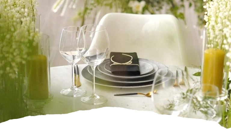 Elegant wedding table setup with modern styling, glassware, and floral details in Bodrum