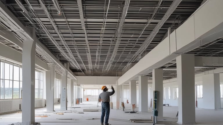 A construction site with an archway framed in DensGlass sheathing panels. There is a large plywood board partially covering the entrance. Construction materials, including a metal container and drywall, are scattered around.