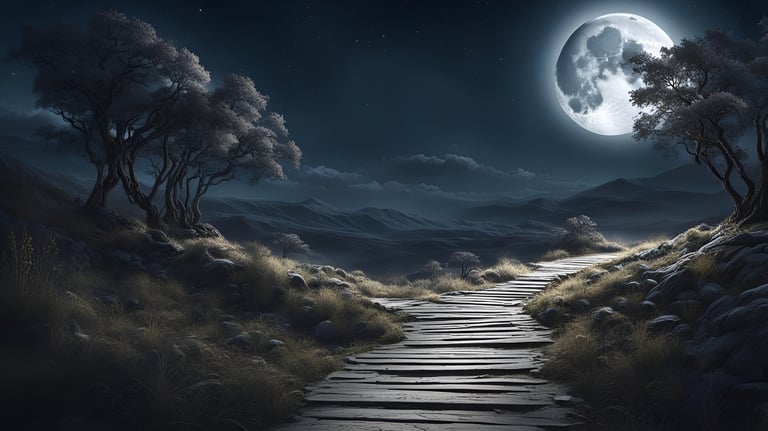 Moonlit path splitting into two directions symbolising choices in dreams and different paths of consciousness