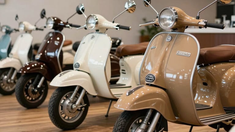 A wide shot of several restored Lambrettas in different classic colors (tan, cream, and dark brown) lined up in a clean, sophisticated showroom with wooden floors. The lighting is soft and inviting, suitable for a high-end sales environment.
