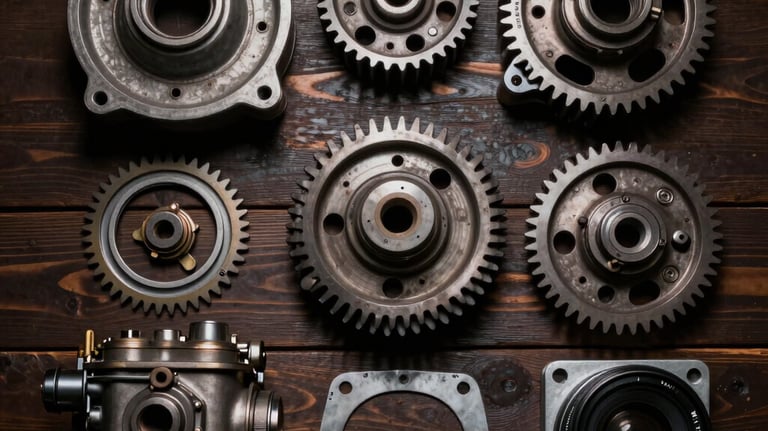 A top-down photographic arrangement of authentic, vintage Lambretta engine parts, including gears, a carburetor, and gaskets, laid out on a dark wooden surface. The lighting is moody and dramatic, focusing on the mechanical craftsmanship. Dark brown and tan color palette.