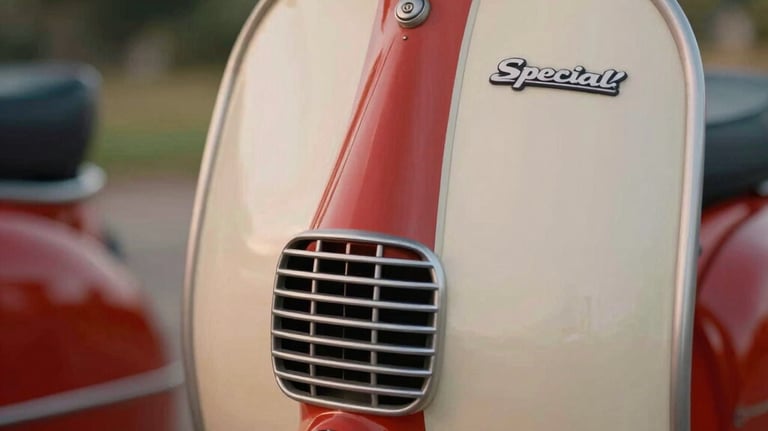 A detailed close-up of a red and cream Lambretta TV, focusing on the specialized engine ventilation and the 'Special' badging. The composition is artistic and nostalgic, shot with a shallow depth of field in a warm Brazilian evening setting.