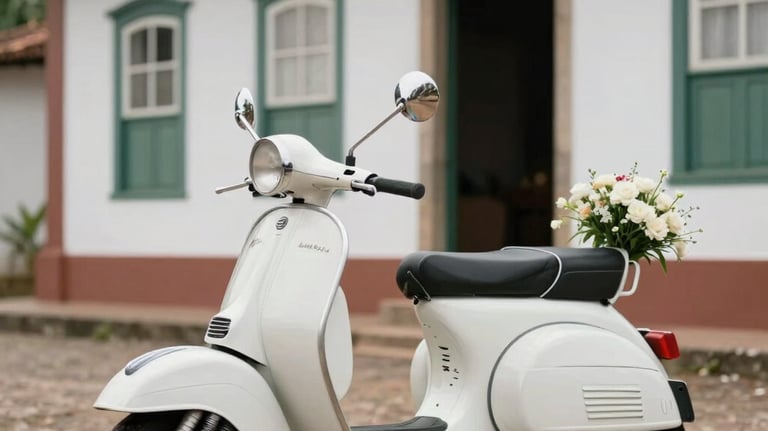 A white Lambretta decorated with simple floral arrangements, parked in front of a colonial-style Brazilian building. The scene captures a nostalgic wedding setting, with soft lighting and a focus on the scooter as a vintage prop.