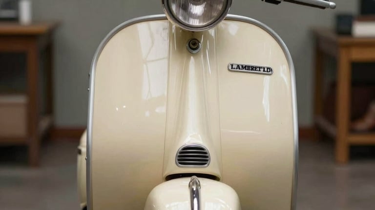 A front-angle studio photograph of a restored Lambretta LD from the 1950s. The scooter is painted in a soft cream color with chocolate brown leather seats. The lighting is clean and professional, emphasizing the iconic round headlight and the sleek front mudguard. Authentic Brazilian workshop setting in the background.