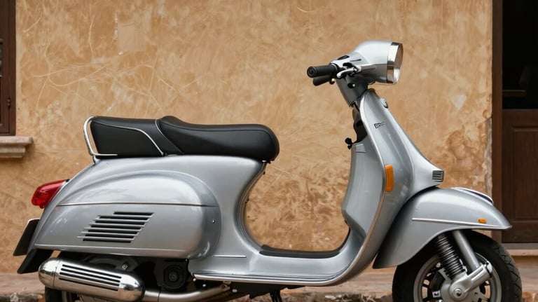 A side profile shot of a silver Lambretta LI Series 2, showcasing its long, elegant body and chrome exhaust. The scooter stands against a textured tan wall in a South American villa courtyard. High contrast photography that emphasizes the metallic textures and vintage curves.