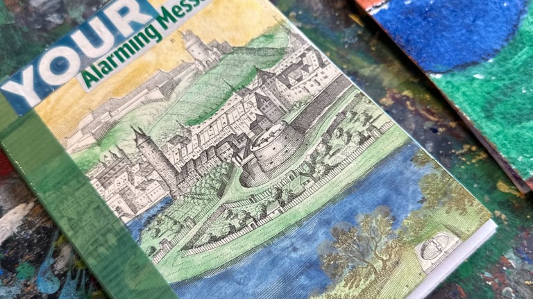 a handmade book with a hand-colored castle and moat on the cover