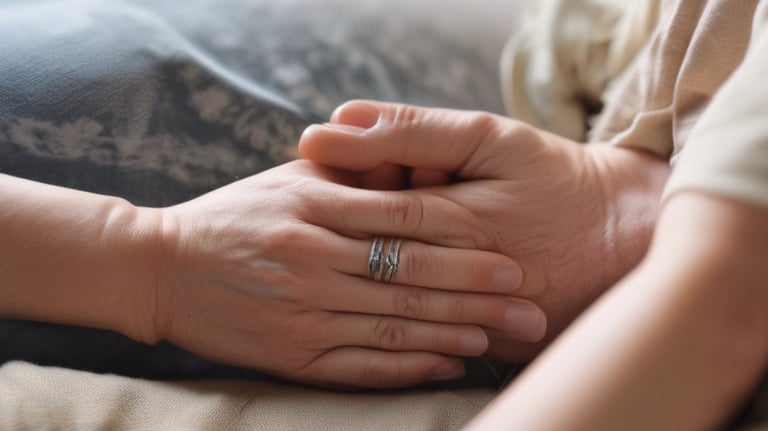 Close-up of two people holding hands for support, showing empathy, comfort, and care.