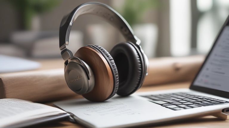 Professional over-ear wood finish headphones resting on a laptop at a modern workspace desk.
