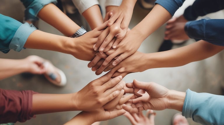 Diverse team of people putting their hands together in a circle for unity and community support.
