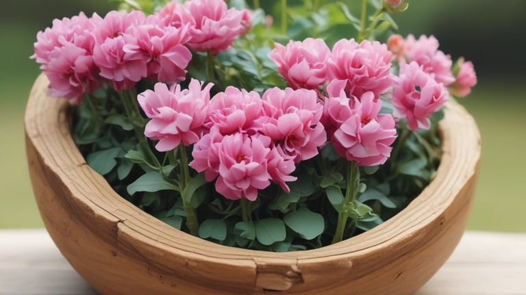 Pink blooming flowers in a rustic carved wooden bowl on a garden table.