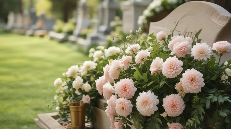 Pink flowers decorating a stone headstone in a peaceful cemetery with blurred tombstones.