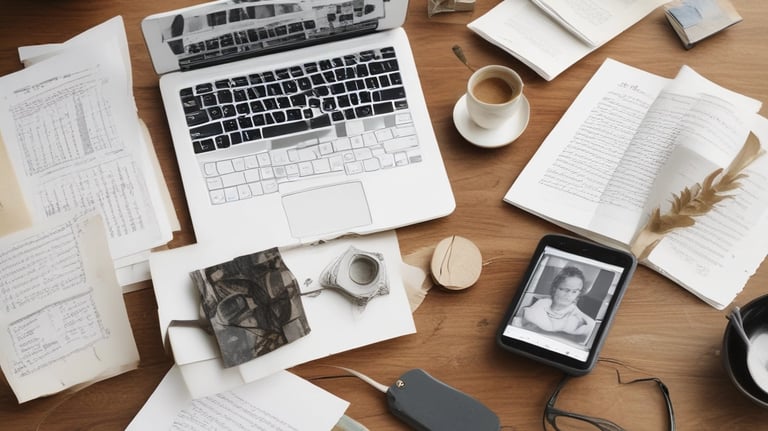 A cluttered wooden workspace with a white laptop, open books, and scattered documents.