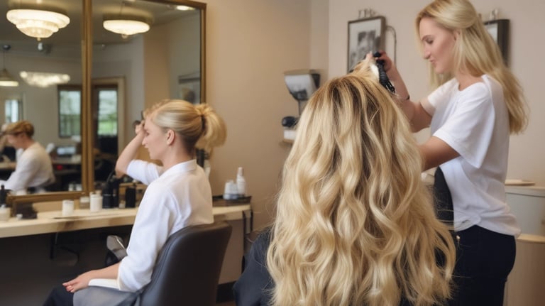 A modern barbershop with a stylish interior featuring exposed brick walls, sleek shelving filled with products, and framed photos on the walls. A barber is attentively working on a customer's haircut, using a hairdryer. The atmosphere is cozy and well-organized.