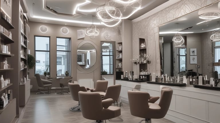 A modern hair salon with elegant design elements. The space features built-in shelves stocked with hair products, large mirrors, and cushioned salon chairs. The ceiling is decorated with geometric patterns and several spherical light fixtures. A mural of abstract line art adorns the walls.