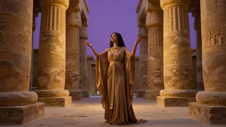 Woman in earth-toned robes standing in ancient stone temple with hands raised in golden hour light