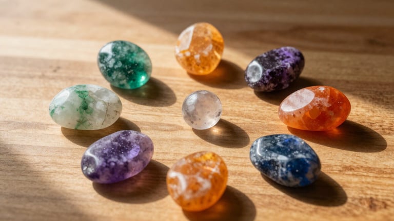 Seven chakra healing crystals arranged for meditation and energy balancing practice