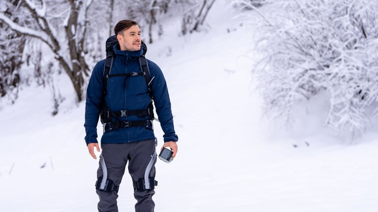 a man in a blue jacket and a backpacker in the snow