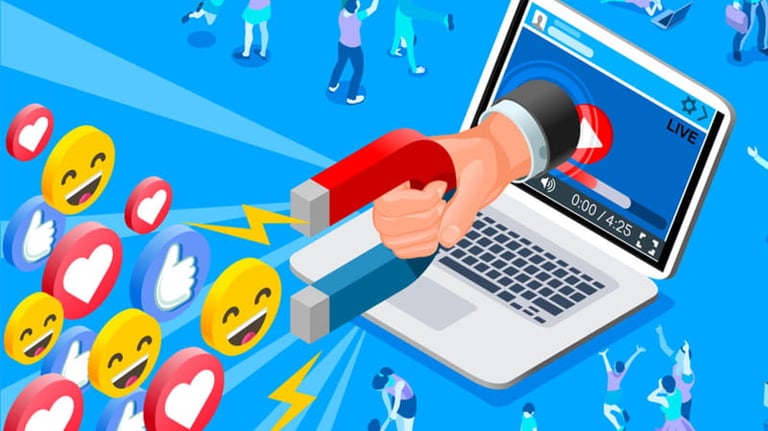 Uma mão saindo de uma tela e atraindo curtidas e sorrisos com um imã