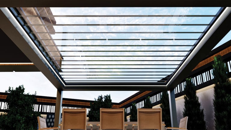 retractable louvered glass pergola