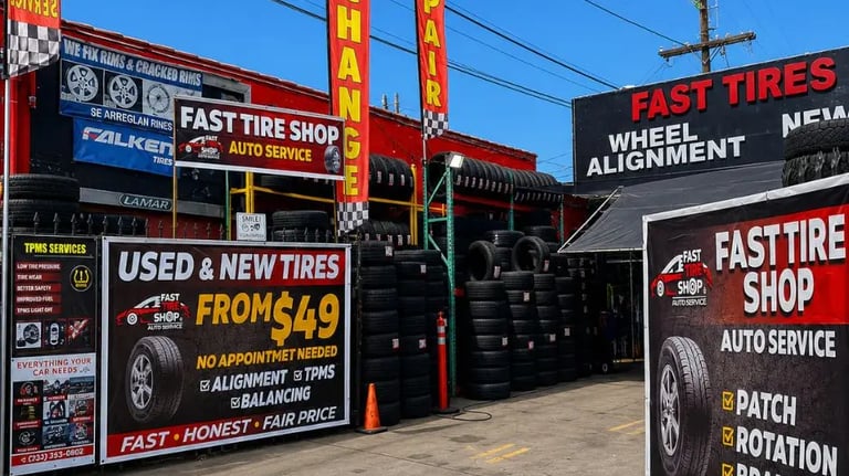 Fast Tire Shop Olympic Blvd location in East Los Angeles offering same day tire installation, wheel 