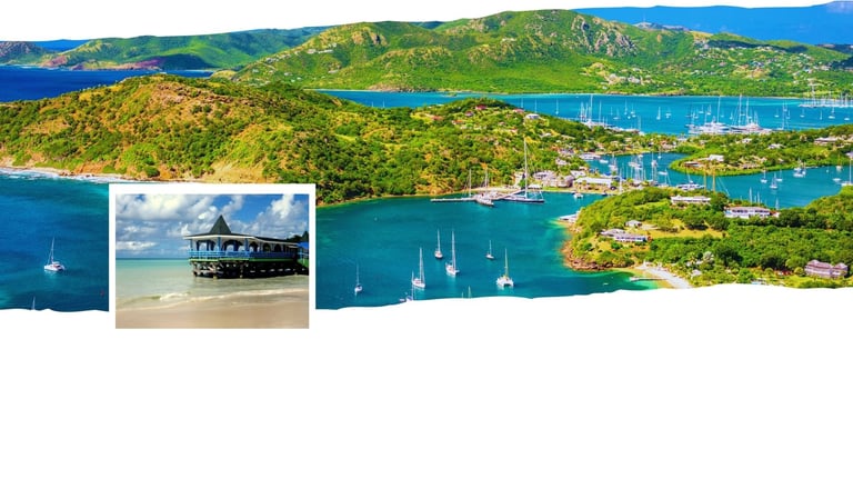 Casinha azul à beira-mar em Dickenson Bay, Antigua, rodeada por coqueiros e mar calmo.