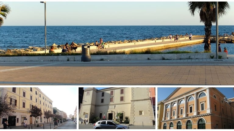 Paisagem do centro histórico de Civitavecchia com o mar, ruas e edifícios antigos